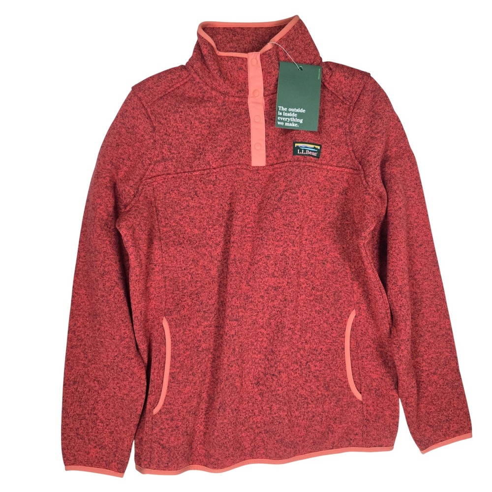 LL Bean Sweater Fleece Pullover Womens Large Deep Coral Marled Snap Neck 292726